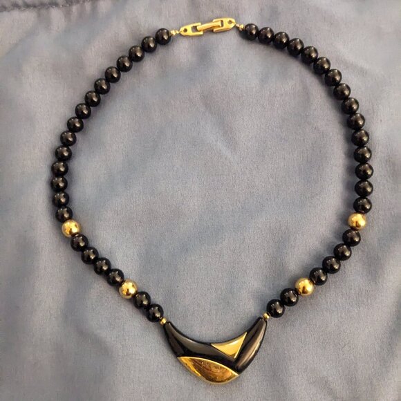 Vintage 1980s Signed Napier Statement Necklace Gold and Black - Picture 1 of 6
